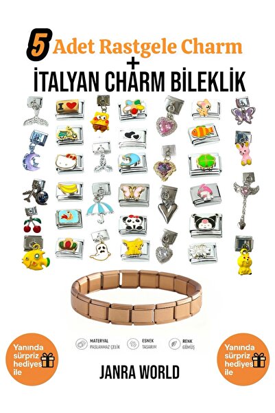 JANRA WORLD 5 Adet Rastgele Charm + İtalyan Charm Bileklik Seti | Sürpriz Hed...