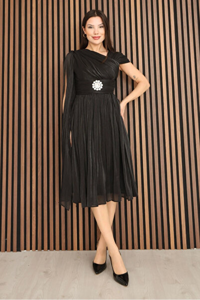 lodmela Ασύμμετρο βραδινό φόρεμα μίντι με λεπτομέρεια σούρας στο λαιμό και κά...