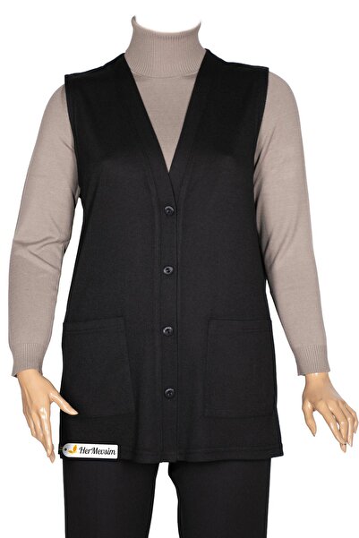 Hermevsim Hesna Women's Buğra Black Vest with Pockets, 4 Buttons and Side Slits