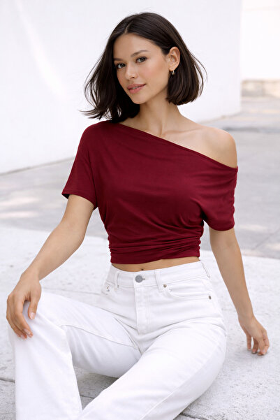 modavingo Women's Burgundy Asymmetrical Cut Open Shoulder Short Sleeve Side G...