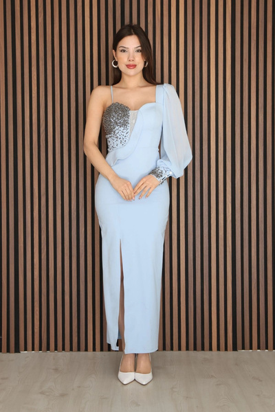 lodmela Βραδινό φόρεμα άνοιγμα με λουράκι και πέτρινη λεπτομέρεια στο μονό μα...