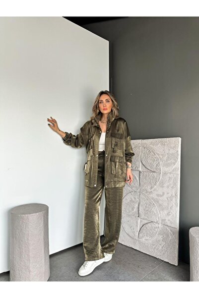 Zerrincan Giyim Haki Parlak Dokulu Safari Takım