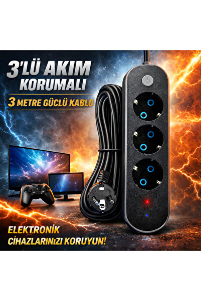 FIRSAT YOLU 3lü Akım Korumalı Priz Anahtarlı Parafudr Anti-Statik 3x1.5mm 3 M...