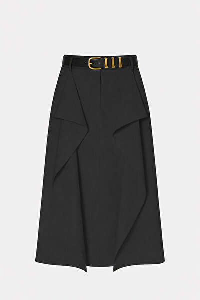 Setre Black Belt and Asymmetrical Fabric Detailed Midi Skirt