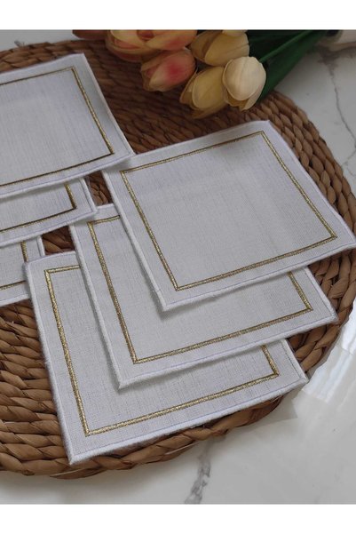NESTURE Square White Gold Embroidered Linen Cocktail Napkins Set of 6 - Coffee Side Presentation Napkins - 13X13Cm