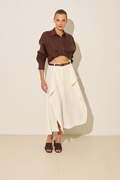 Setre Cream Belt and Asymmetrical Fabric Detailed Midi Skirt