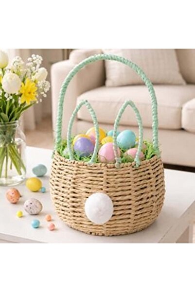 OEM Easter Basket Handmade with Bunny Ears Mint Green Details & White Pom Pom...