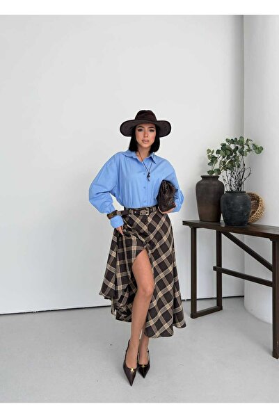 Foola Moda Kadın Kahve Ekose Midi Etek Kemerli Yüksek Bel Salaş Kesim + Büsti...