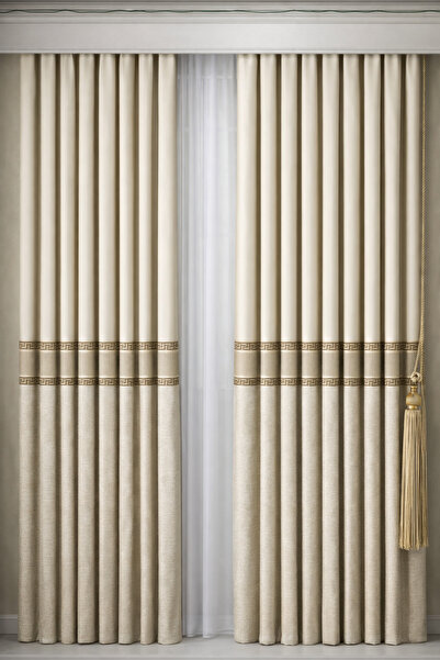 Fluiana Bej Bohem Desen Pano Fon Perde|Sık Pile Dikim|Blackout Özellikli Fon ...