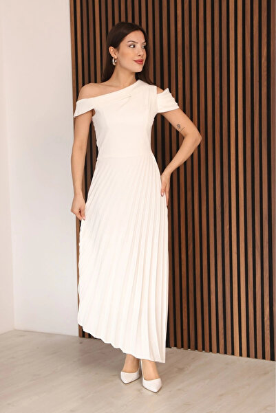 lodmela Tek Omuzlu Pilise Detaylı Asimetrik Elbise 2381-Beyaz