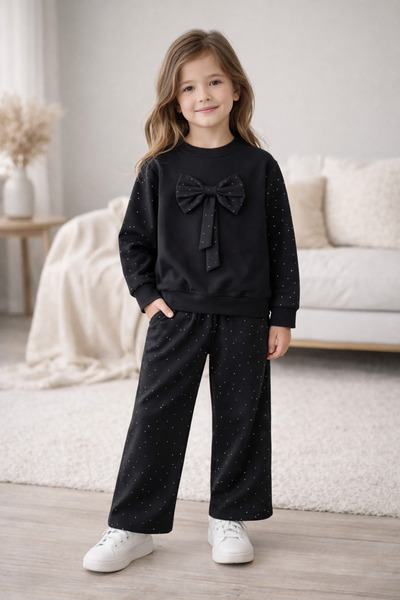 Uğur bebe Set de trening cu panglică neagră cu pietre pentru fete |   Îmbrăcă...