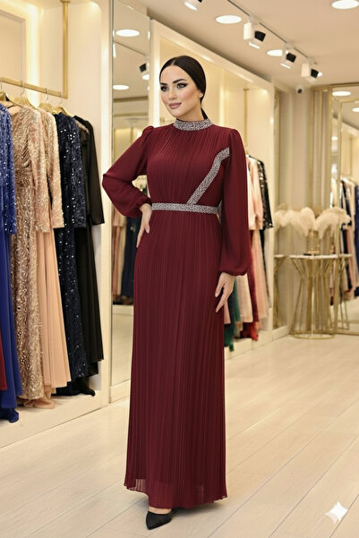 Aynur Tesettür Modest Evening Dress Pearl Crystal Beading Embroidered Pleated...