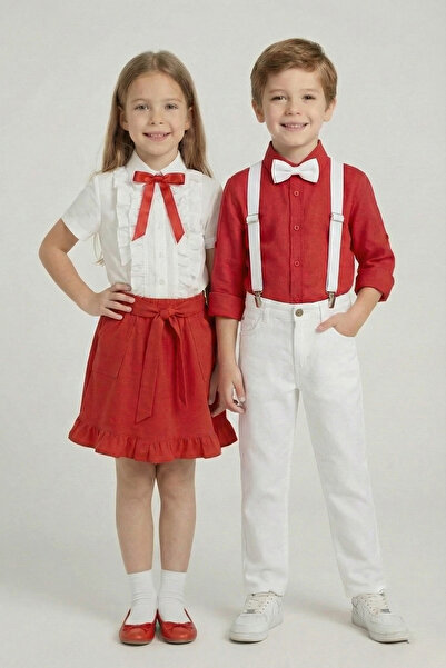 nacar çarşı 2'li Kız Çocuk Kırmızı Fırfırlı Gömlek Erkek Çocuk Kırmızı Takım ...