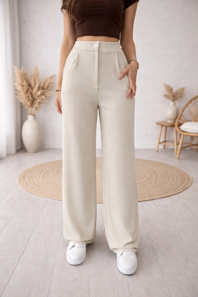 Lighter Jeans Scuba Fabric Μπεζ Ψηλόμεσο Παντελόνι Palazzo με φαρδιά μπατζάκι...