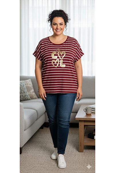 Stor Kadın Büyük Beden Çizgili Kalp Baskılı Yarasa Kol Tişört