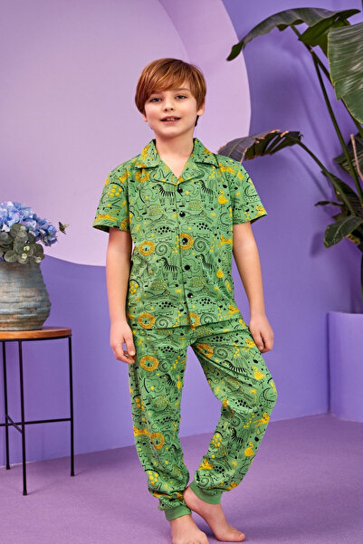 bunny hopp Dinosaur Patterned Summer Boys' Pajama Set - Buttoned Shirt Collar...