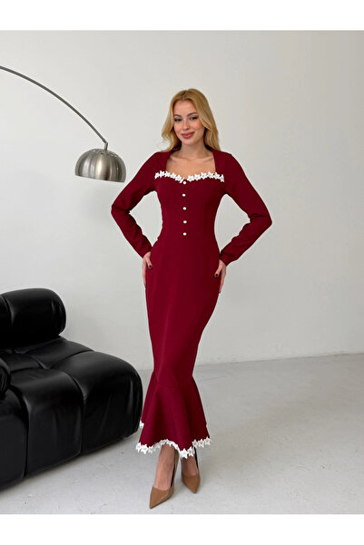 Cool & Sexy Atlas Fabric Guipure Lace Detail Midi Dress Burgundy