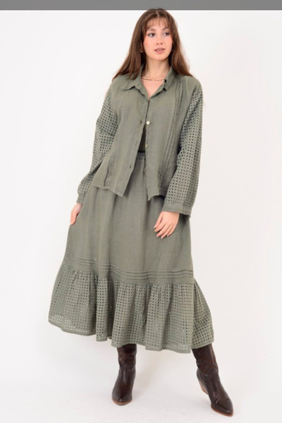 AYASOFYA OTANTIK Women's Italian Khaki Scallop Detailed Shirt and Skirt 2-Pie...