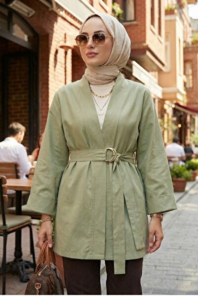 adamila Kadın Haki Kuşaklı Tesettür Kimono Kap Mevsimlik Astarsız Ceket Günlü...