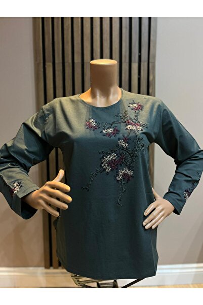 AKMAVİ Women's Middle Age and Above Round-Neck Viscose Colorful Embroidered S...