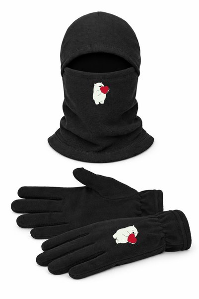 Omotasarım Ayıcık Kalpli Unisex Polar Uzun Eldiven Kar Maskesi Set