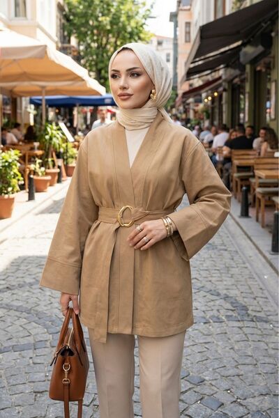 adamila Kadın Karamel Kuşaklı Tesettür Kimono Kap Mevsimlik Astarsız Ceket Gü...