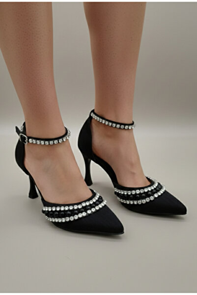 ŞAH Μαύρα σατέν παπούτσια βραδινής έξοδου 7 εκ. με πέτρες και πέρλες