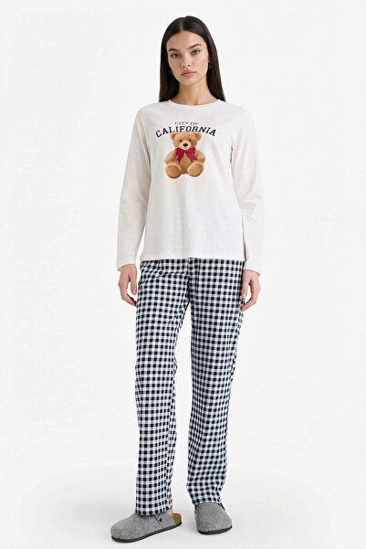 DeFacto G2169AXNV241 Set de pijamale bleumarin, croială normală, bluză cu mân...