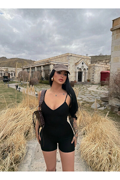 kırmızı butiks Ribana Askılı Şortlu Tulum