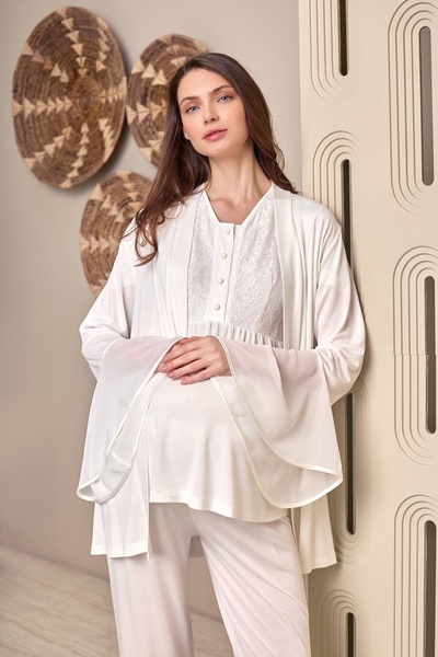 Yulem Homewear Ecru Lace Ruffled Sleeves Special Design Cotton Maternity Paja...