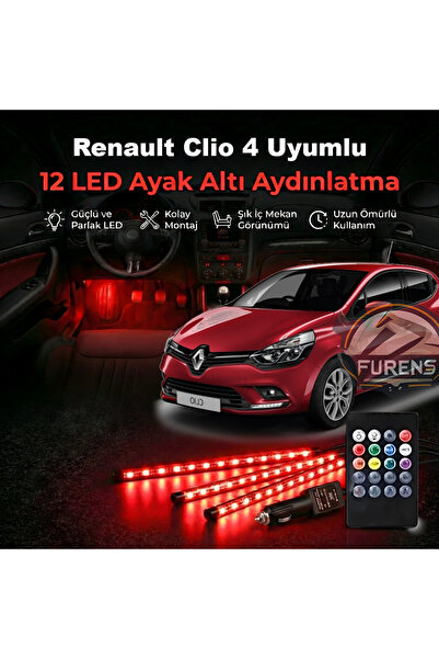 STS Oto Aksesuar Renault Clio 4 Uyumlu RGB Ayak Altı LED 12 Led Kumandalı Müz...
