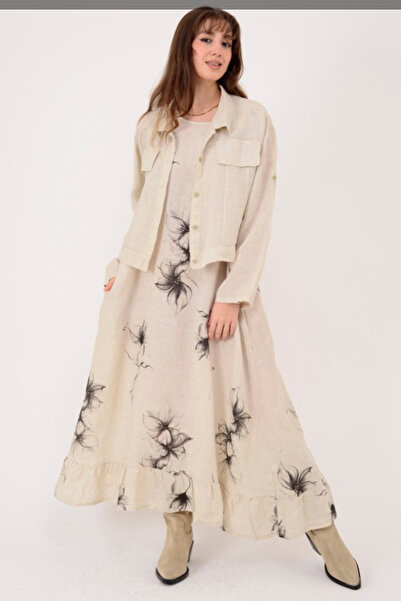 AYASOFYA OTANTIK Women's Italian Beige Floral Patterned Sleeveless Long Sleev...