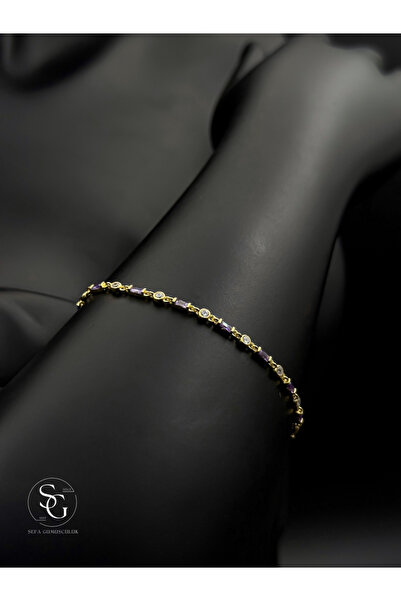 Store Baget Mor Taşlı Sıralı Bileklik 925 Ayar Gümüş