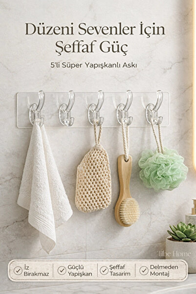 Tilbe Home 5’li Şeffaf Yapışkanlı Duvar Askılığı Banyo Mutfak Kapı Arkası Hav...