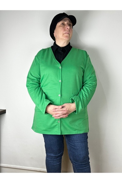 YAŞAR TRİKO Women's Green Jacquard Long Sleeve V-Neck Buttoned All-Season Jacket