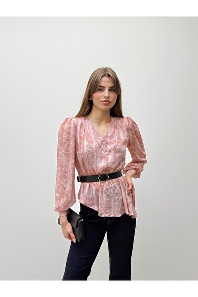Maldia Shop Liora Belted Patterned Powder Chiffon Shirt