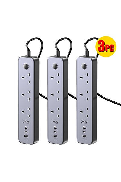 Zen Store شريط طاقة ثلاثي القطع بستة منافذ مع منافذ شحن سريع USB بقدرة 25 واط