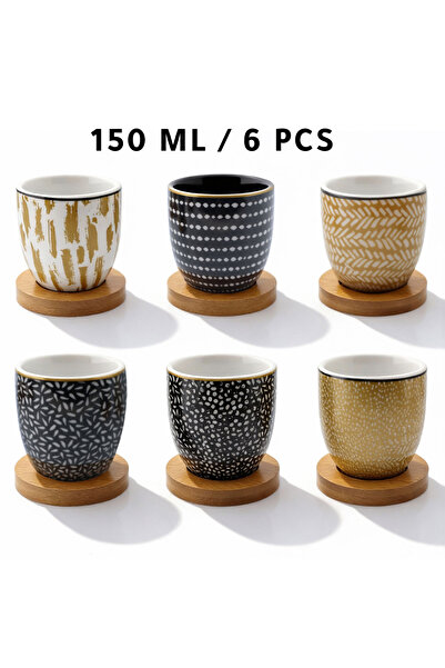 MIBRU Premium Nordic Ceramic Coffee Cups 150ml Set of 6 with Wooden Saucers