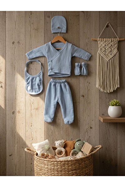 %100 Organik Çift Katlı Mavi Müslin 5li Yenidoğan Hastane Çıkışı