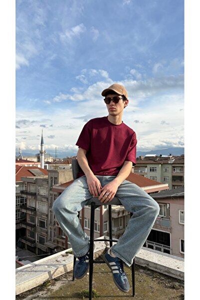 YŞRLİNE COLLECTİON YSR Erkek Düz Bordo Renk Basic Tişört Double Face Kumaş Re...