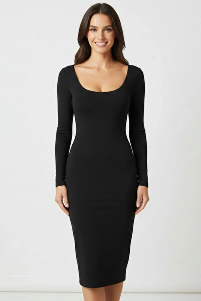 bysoca Women's Black U Neck Long Sleeve Slit Sandy Fabric Bodycon Maxi Long D...