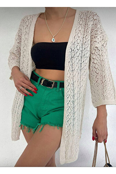 jöns since 1997 Women's Medium Length Openwork Cream Knitted Cardigan