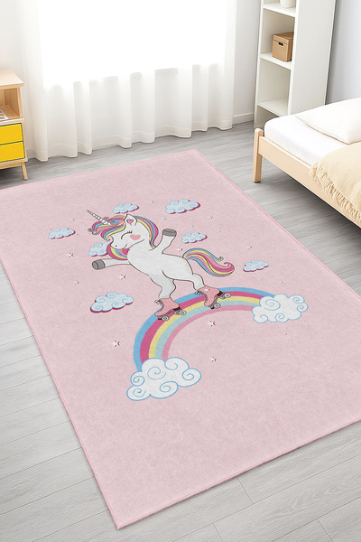 Home Pembe Zemin Üzerinde Unicorn ve Bulut Desenli Kaymaz Tabanlı Çocuk Odası...