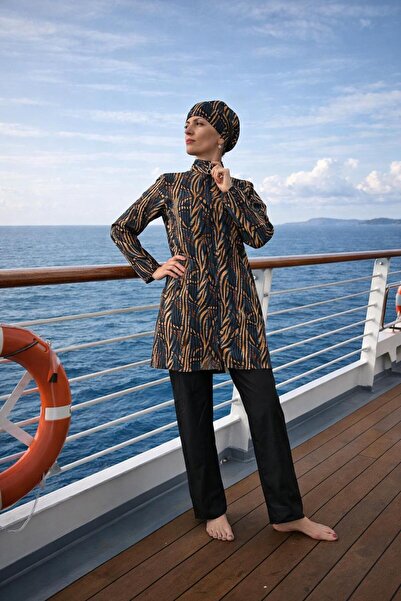 Ms Modern 3-Piece Tessture Top Patterned Fabric Swimsuit - Ş19 Patterned