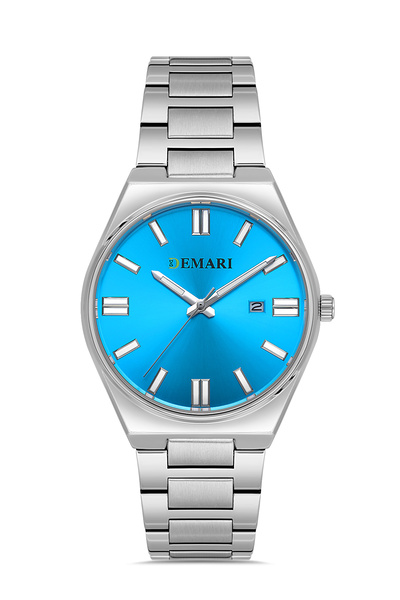 DEMARİ Men's Wristwatch Quartz Silver Steel Band Blue Dial with Date Display ...