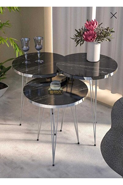 TrentonGCC Set of 3 Black Marble Look Nesting Tables Silver Metal Legs Modern...