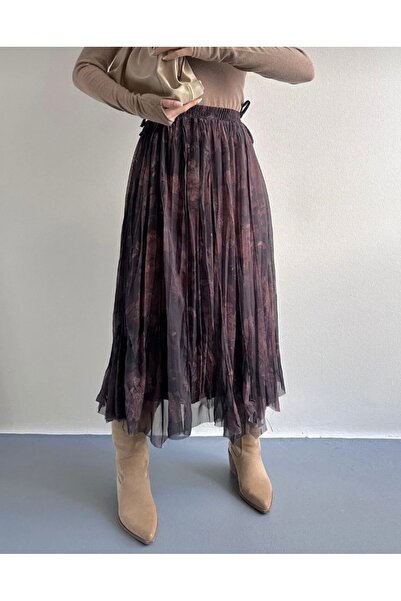 MERİKA ELEGANCE Merika Tül Pliseli Midi Etek – Mürdüm
