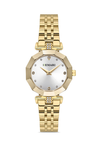 DEMARİ Women's Wristwatch Quartz Movement Steel Gold Band Stone Detail Silver...