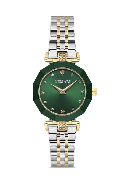 DEMARİ Women's Wristwatch Quartz Steel Gold & Silver Band Stone Detail Green ...
