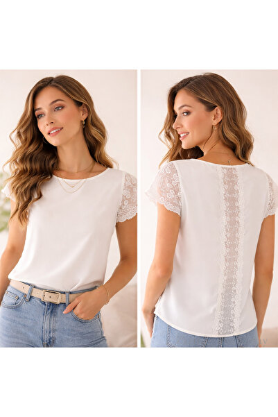 Store Ekru Dantel Detaylı Kısa Kollu Bluz – Sırtı Dantelli Şık Günlük Bluz